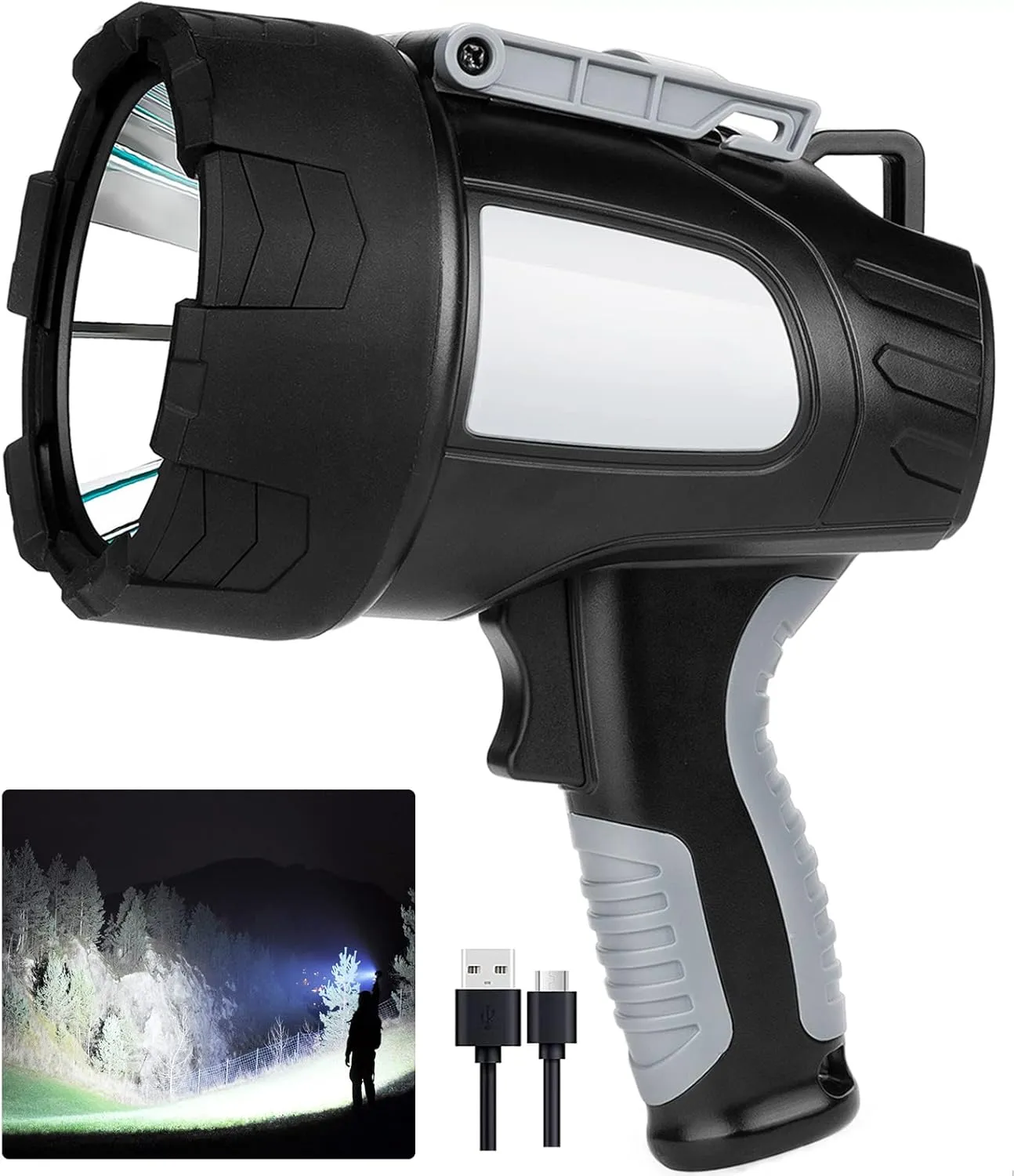 LBE Rechargeable Spotlight Outdoor,1000,000 Lumens Led Spotlight Flashlight with Cob Light and Foldable Tripod, 6 Modes Waterproof Handheld Spot Light for Outdoor Marine Boating Hunting