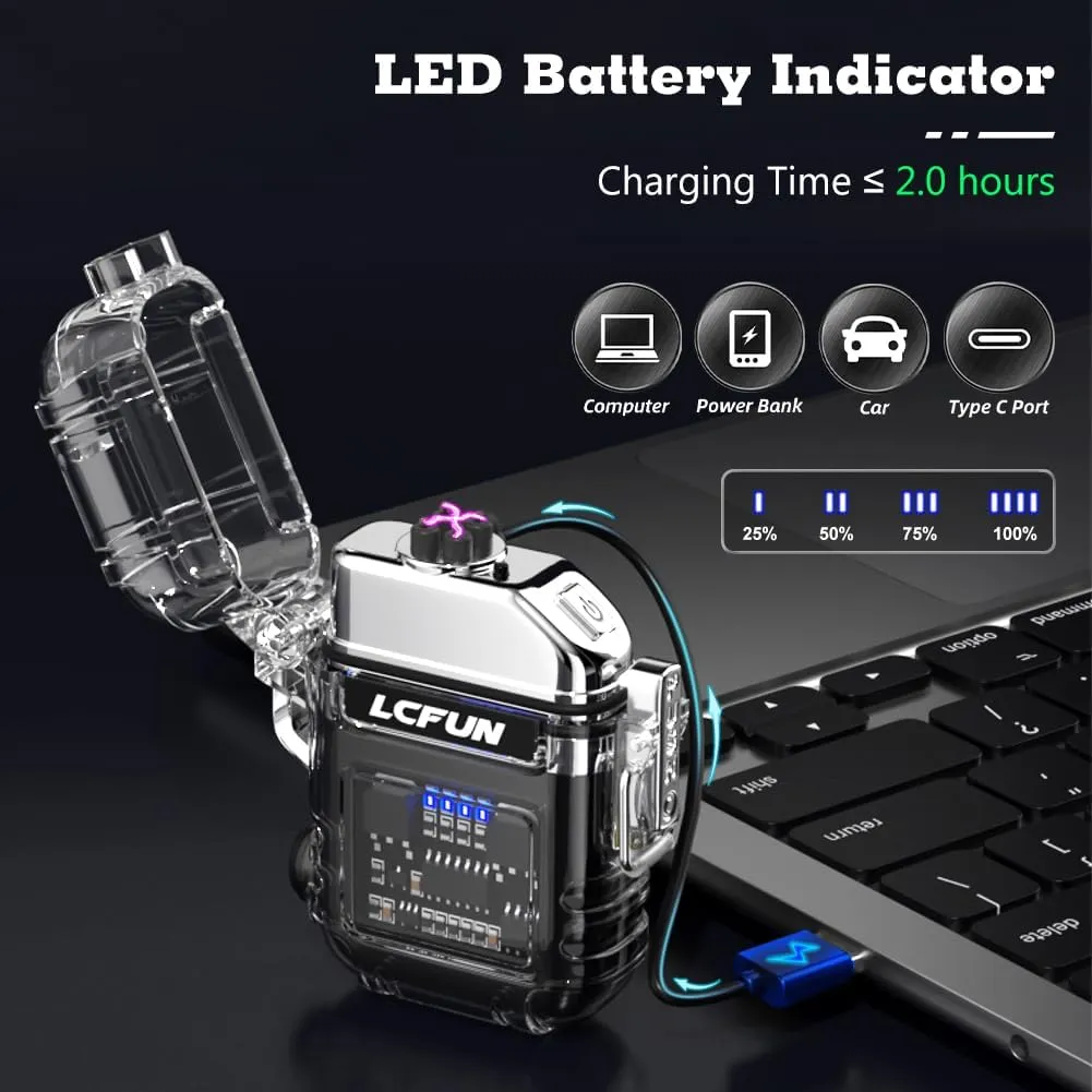 LcFun USB Rechargeable Electric Lighter, Windproof Plasma Dual Arc Lighters, Waterproof Flameless Lighter with Battery Display & Flashlight for Hiking, Camping Gear, Survival Kits
