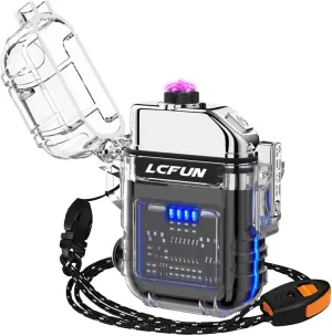 LcFun USB Rechargeable Electric Lighter, Windproof Plasma Dual Arc Lighters, Waterproof Flameless Lighter with Battery Display & Flashlight for Hiking, Camping Gear, Survival Kits