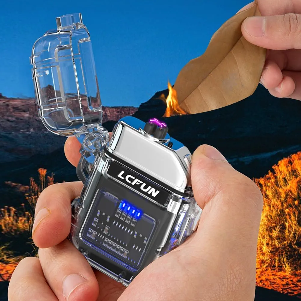 LcFun USB Rechargeable Electric Lighter, Windproof Plasma Dual Arc Lighters, Waterproof Flameless Lighter with Battery Display & Flashlight for Hiking, Camping Gear, Survival Kits