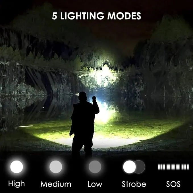 LED Flashlight 5000 Lumen Super Bright Rechargeable Flashlights, Adjustable Focus, 5 Modes Handheld Flash Light Waterproof Tactical Flashlights for Emergencies, Camping, Hiking