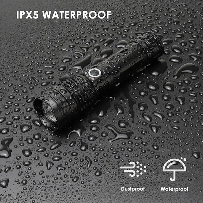 LED Flashlight 5000 Lumen Super Bright Rechargeable Flashlights, Adjustable Focus, 5 Modes Handheld Flash Light Waterproof Tactical Flashlights for Emergencies, Camping, Hiking