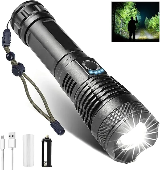 LED Flashlight 5000 Lumen Super Bright Rechargeable Flashlights, Adjustable Focus, 5 Modes Handheld Flash Light Waterproof Tactical Flashlights for Emergencies, Camping, Hiking