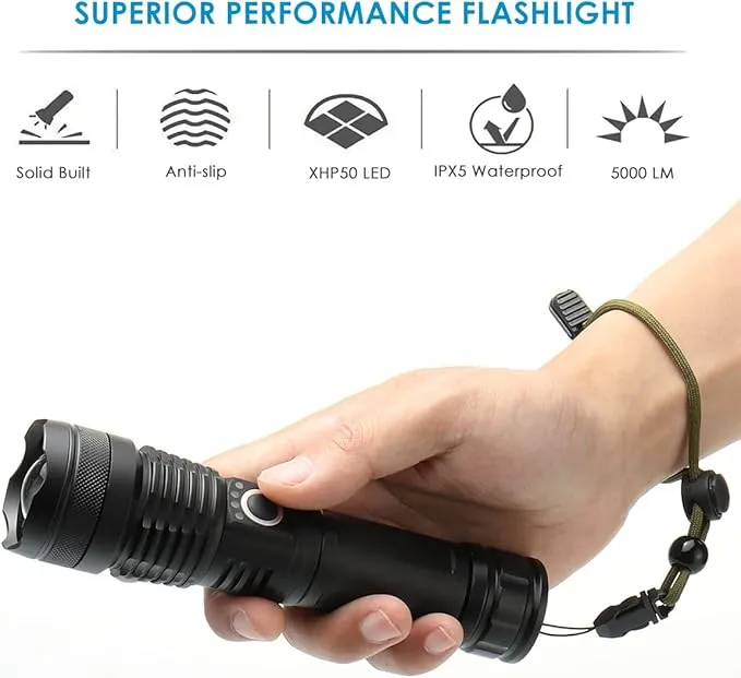 LED Flashlight 5000 Lumen Super Bright Rechargeable Flashlights, Adjustable Focus, 5 Modes Handheld Flash Light Waterproof Tactical Flashlights for Emergencies, Camping, Hiking
