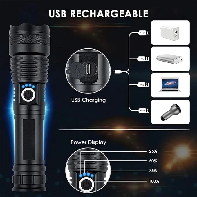 LED Flashlight 5000 Lumen Super Bright Rechargeable Flashlights, Adjustable Focus, 5 Modes Handheld Flash Light Waterproof Tactical Flashlights for Emergencies, Camping, Hiking