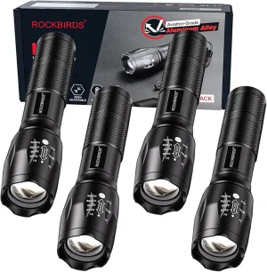 LED Flashlight, High Lumen Handheld Light with 5 Modes, Zoomable Flashlight for Home Outdoor Hiking Camping (Black, 4 Pack)