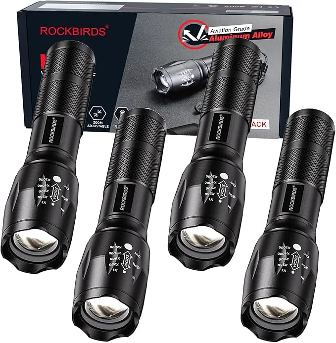 LED Flashlight, High Lumen Handheld Light with 5 Modes, Zoomable Flashlight for Home Outdoor Hiking Camping (Black, 4 Pack)