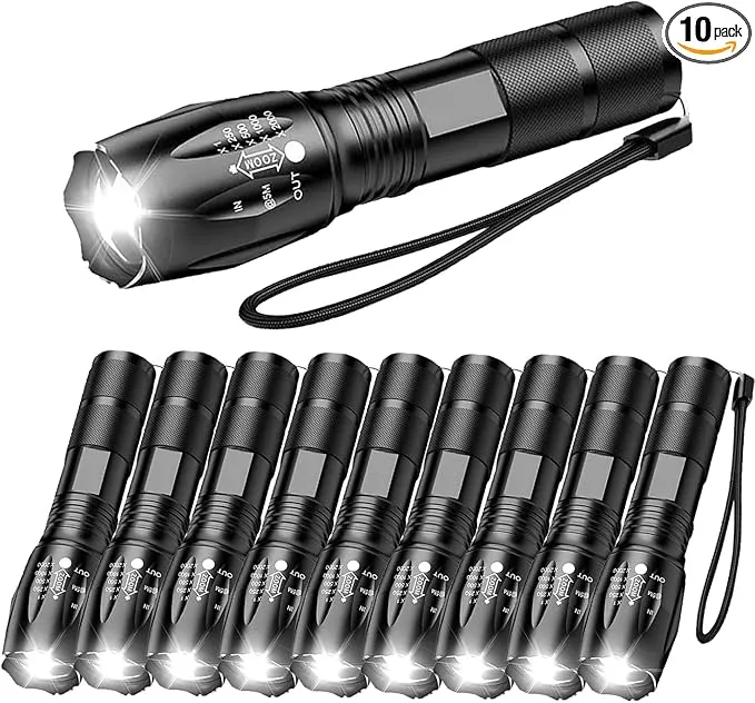 LED Flashlight High Lumens, Bright, Zoomable, Waterproof, Powerful, Emergency Tactical LED Flashlights for Home and 5 Modes, Flashlight for Camping Gear、Hiking、Walking (10Pack)