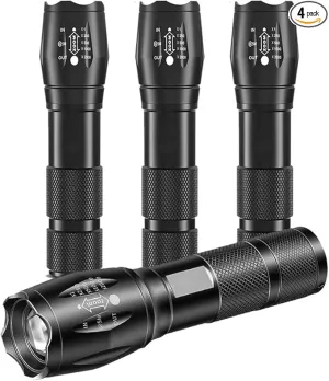 LED Flashlight High Lumens, Bright, Zoomable, Waterproof, Powerful, Emergency Tactical LED Flashlights for Home and 5 Modes, Flashlight for Camping Gear、Hiking、Walking (4 Pack)