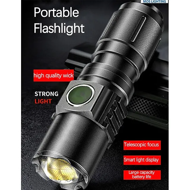LED Flashlight Outdoor Portable USB Rechargeable Mini Glare Zoomable Laser Torch Aluminum Alloy Outdoor Camping Tactical Flashlight 3.7V