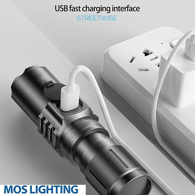 LED Flashlight Outdoor Portable USB Rechargeable Mini Glare Zoomable Laser Torch Aluminum Alloy Outdoor Camping Tactical Flashlight 3.7V