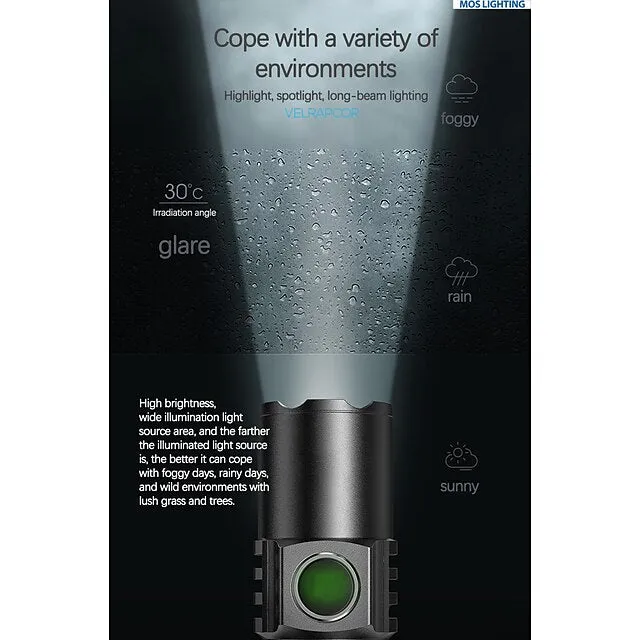 LED Flashlight Outdoor Portable USB Rechargeable Mini Glare Zoomable Laser Torch Aluminum Alloy Outdoor Camping Tactical Flashlight 3.7V