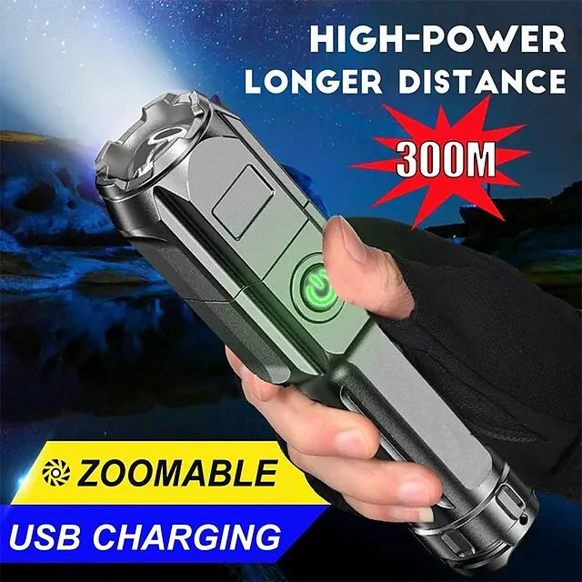 LED Flashlight USB Super Bright Zoomable USB Rechargeable Tactical Torch for Camping Hiking Fishing Outdoor Hunting 3.7V