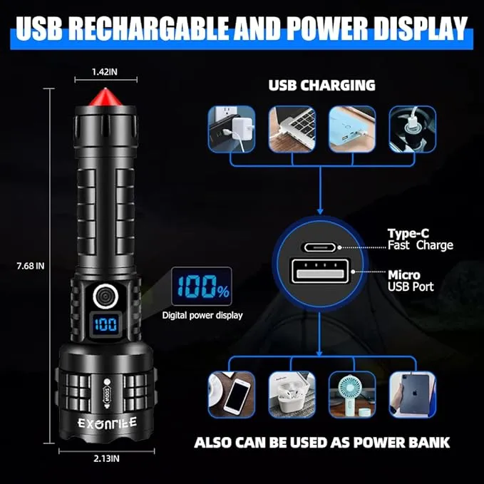 LED Flashlight with High Lumens, Super Bright Tactical Flashlight, High Powered Handheld Flashlight with 5 Modes for Emergency Camping Fishing Hiking, IPX67 Waterproof, Zoomable, Black
