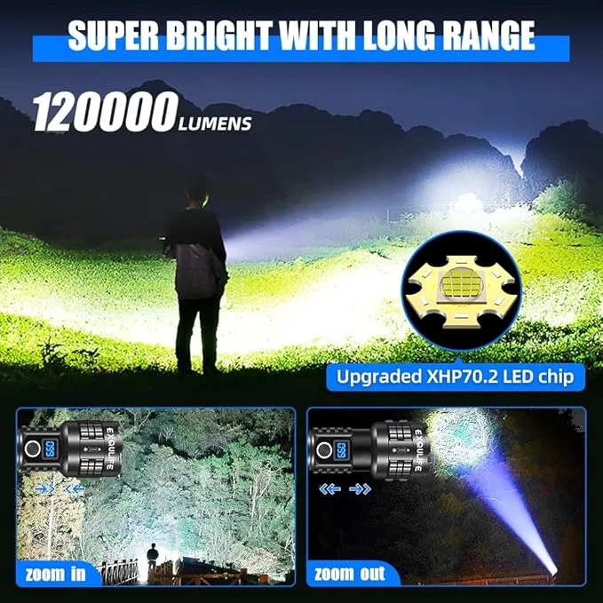 LED Flashlight with High Lumens, Super Bright Tactical Flashlight, High Powered Handheld Flashlight with 5 Modes for Emergency Camping Fishing Hiking, IPX67 Waterproof, Zoomable, Black