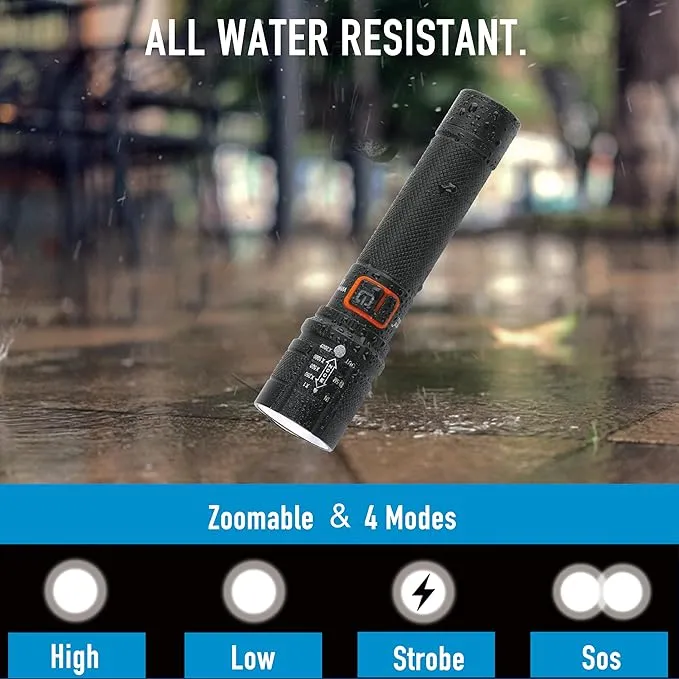 LED Flashlights High Lumens Emergency Tactical Super Bright Flashlights with 4 Modes, Zoomable, Waterproof, Powerful, Batteries Included for Outdoor Use, Camping, Rechargeable