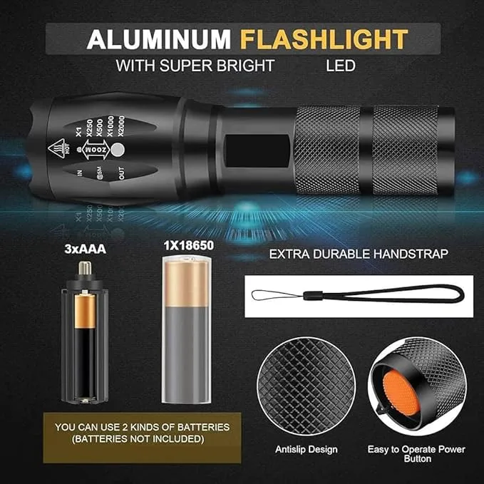 LED Flashlights High Lumens - Flashlights for Camping, Hiking, Walking - Powerful Emergency Flashlights with 5 Modes for Home Outdoor Use - Bright Flashlight with Zoomable Beam (1 Pack)