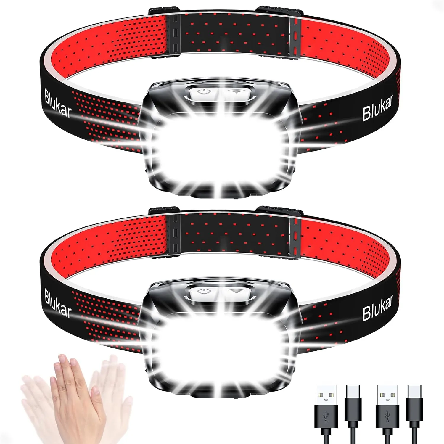 LED Headlamp,2000L Super Bright Rechargeable Headlight Flashlight with White&Red Light 2 Pack - Motion Sensor,Dimmable Brightness,8 Modes,Spotlight&Floodlight,IPX5 Waterproof for Hiking,Camping