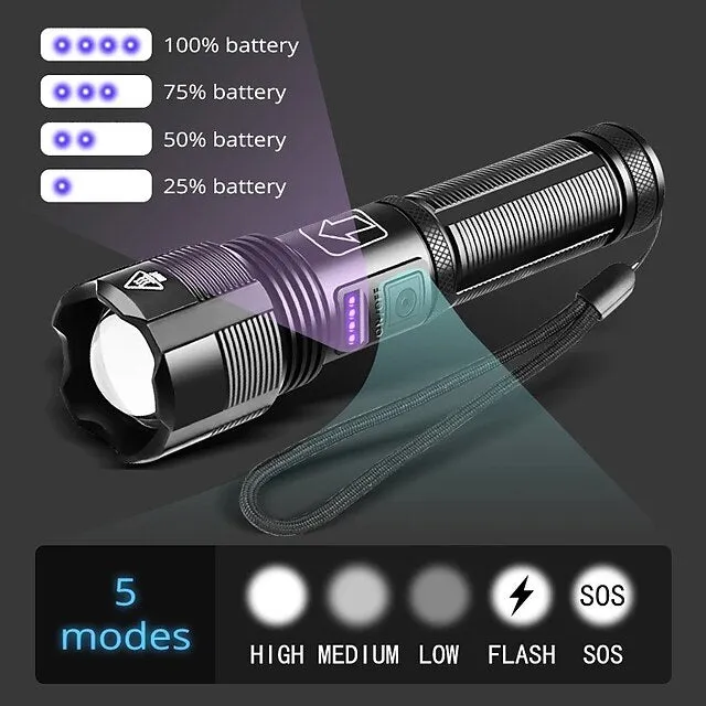 LED Rechargeable Flashlight Super Bright Torch Very Powerful Lighting USB Rechargeable Zoomable Water Resistant Flashlight 5 Modes Best Flash Light
