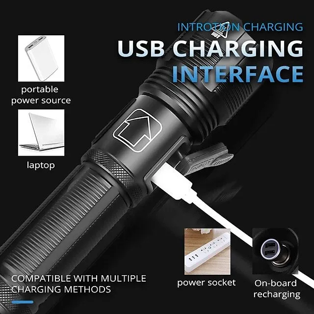 LED Rechargeable Flashlight Super Bright Torch Very Powerful Lighting USB Rechargeable Zoomable Water Resistant Flashlight 5 Modes Best Flash Light