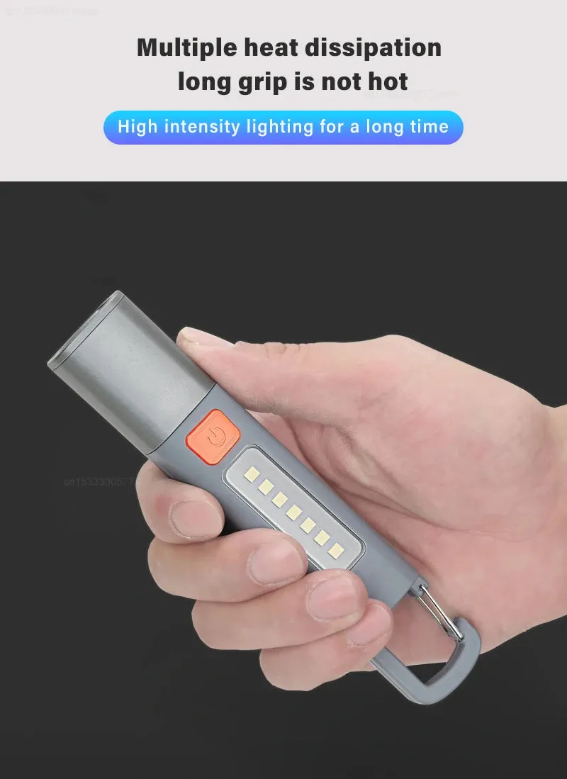 LED Rechargeable Flashlight Torch with Hook USB Zoomable Outdoor Waterproof Camping Light