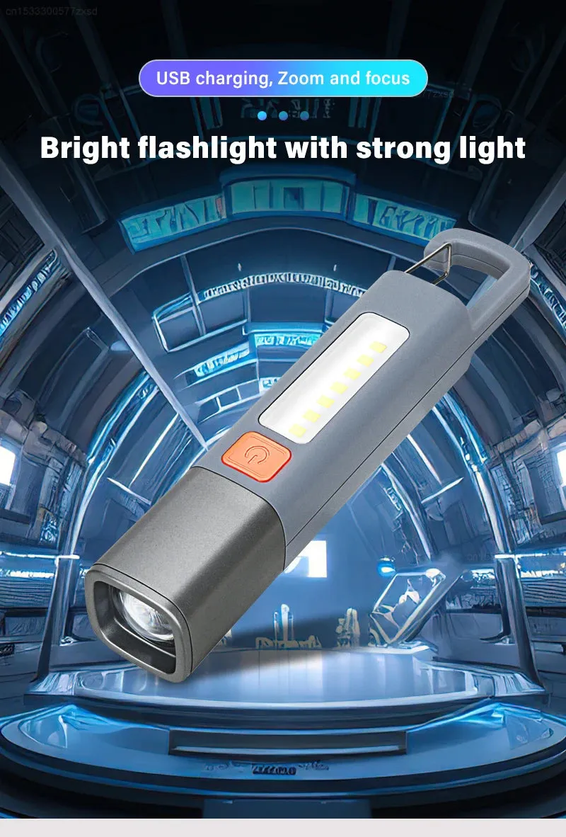 LED Rechargeable Flashlight Torch with Hook USB Zoomable Outdoor Waterproof Camping Light