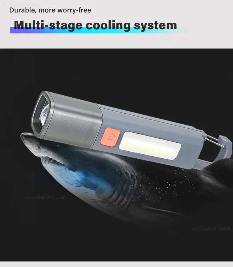 LED Rechargeable Flashlight Torch with Hook USB Zoomable Outdoor Waterproof Camping Light