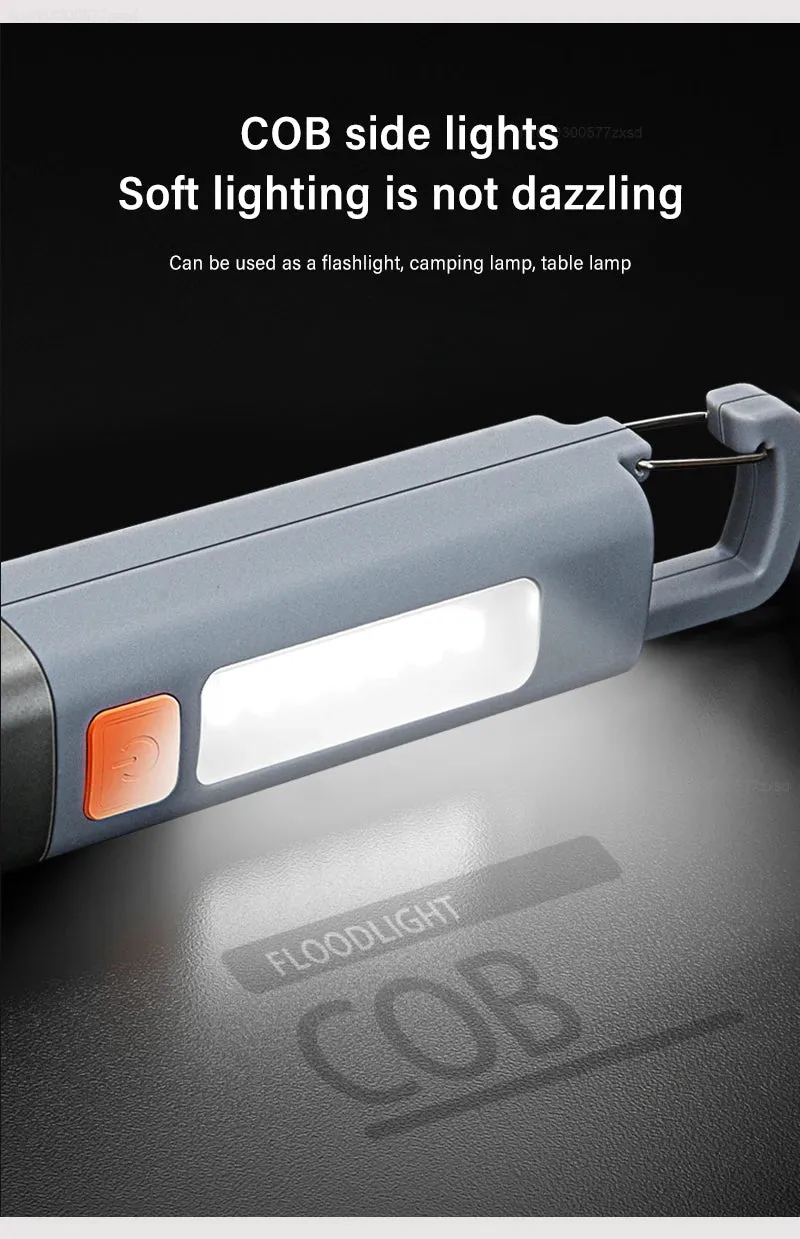 LED Rechargeable Flashlight Torch with Hook USB Zoomable Outdoor Waterproof Camping Light