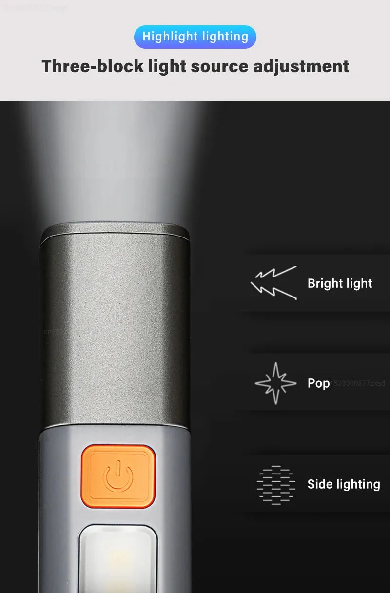 LED Rechargeable Flashlight Torch with Hook USB Zoomable Outdoor Waterproof Camping Light
