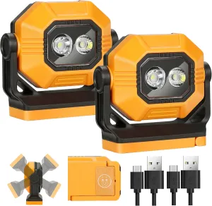 LED Rechargeable Work Light, 2Pack 1500LM Portable COB Magnetic Lights with 3 Modes & 360°Rotatable, IPX4 Waterproof Worklight for Car Repairing, Job Site Lighting, Emergency (2 PCS)