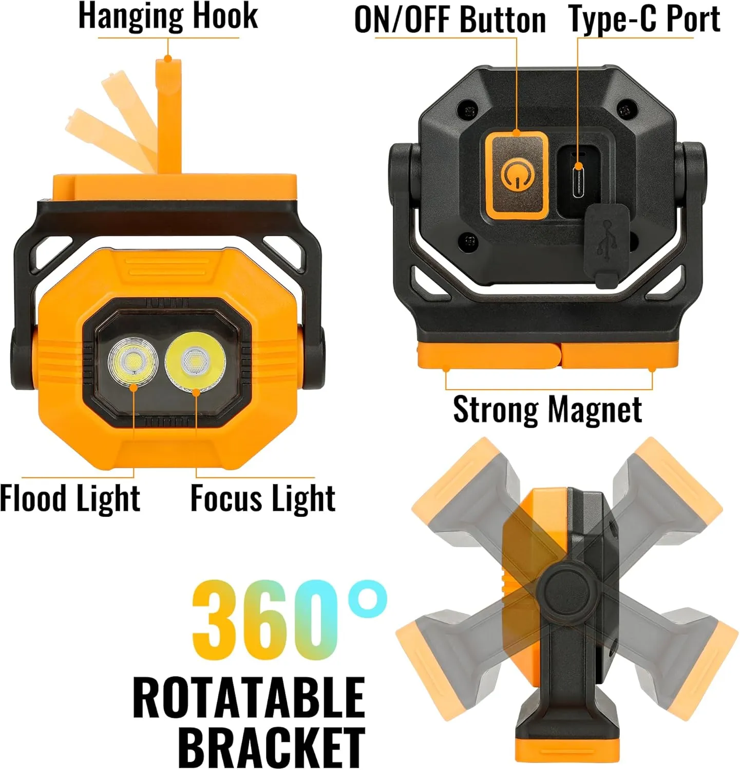 LED Rechargeable Work Light, 2Pack 1500LM Portable COB Magnetic Lights with 3 Modes & 360°Rotatable, IPX4 Waterproof Worklight for Car Repairing, Job Site Lighting, Emergency (2 PCS)