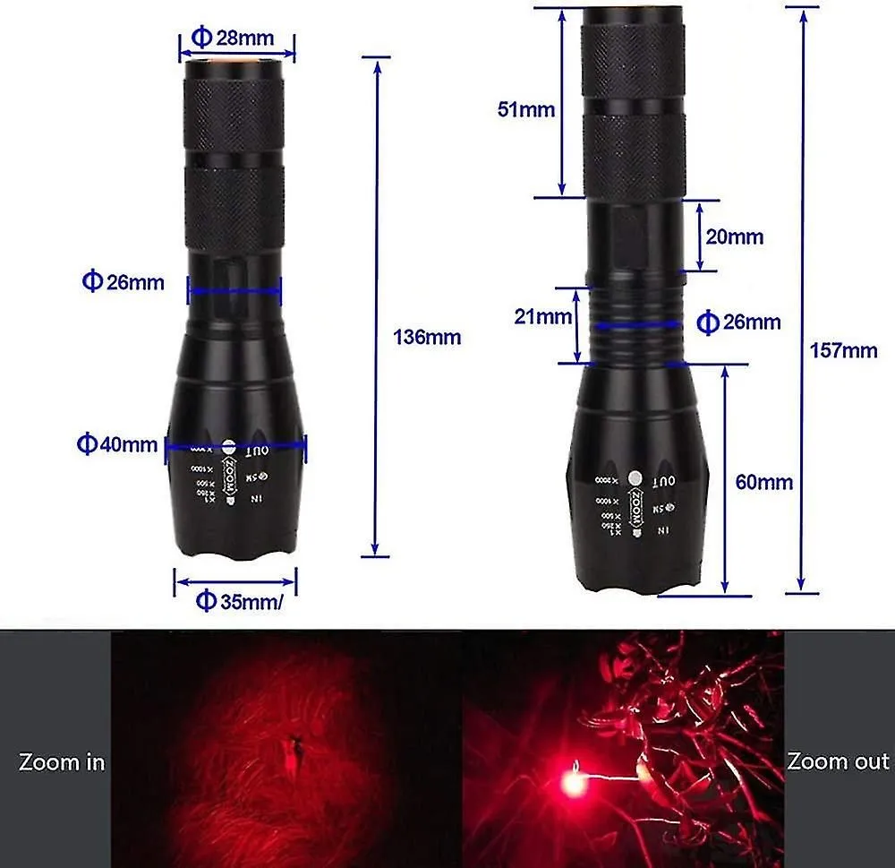 Led Red Light Flashlight 500 Lumens Rechargeable Led Torch Waterproof Zoomable