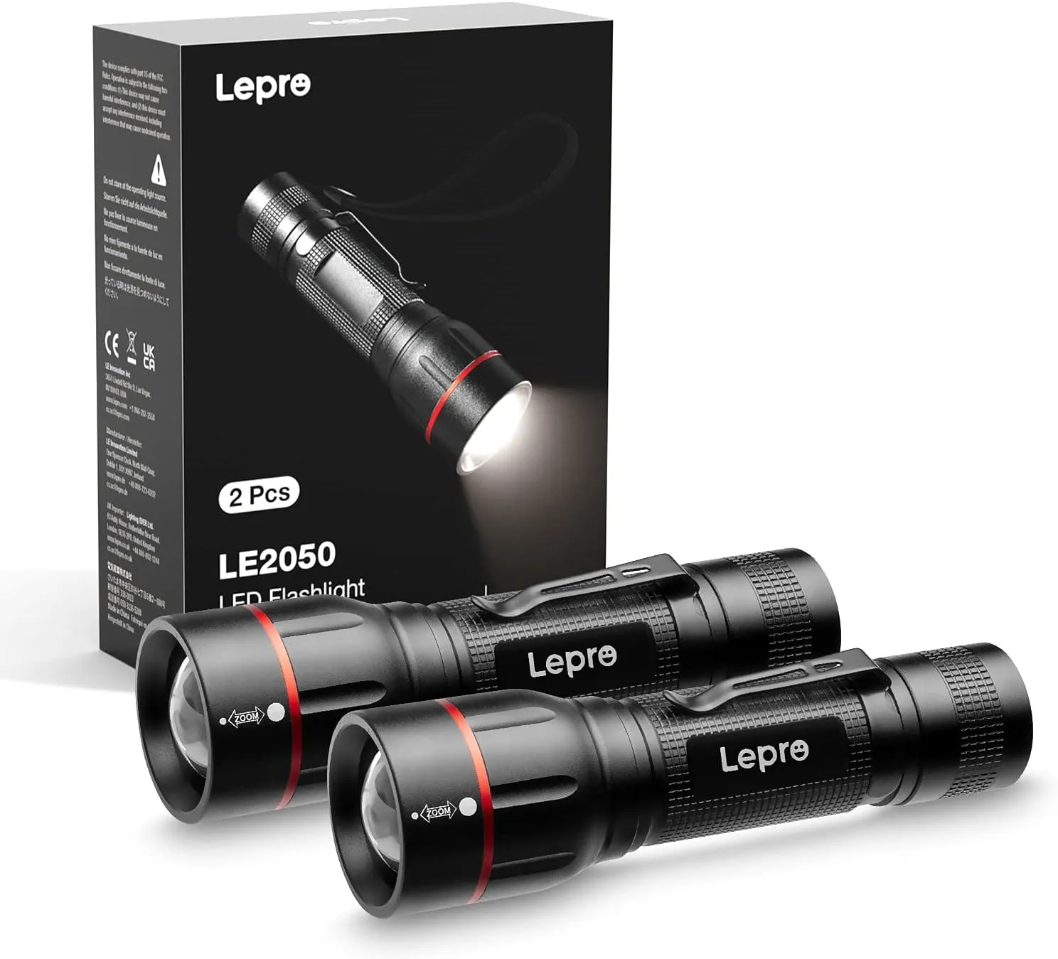 Lepro LED Flashlight with Clip, LE2050 Flashlight High Lumens, 5 Lighting Modes, Zoomable, Waterproof, Lightweight Flashlights for Emergencies,Camping, Powered by AAA Battery, 2 Pack