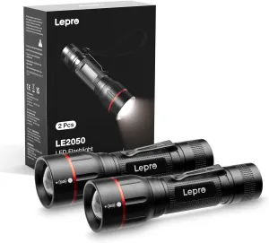 Lepro LED Flashlight with Clip, LE2050 Flashlight High Lumens, 5 Lighting Modes, Zoomable, Waterproof, Lightweight Flashlights for Emergencies,Camping, Powered by AAA Battery, 2 Pack