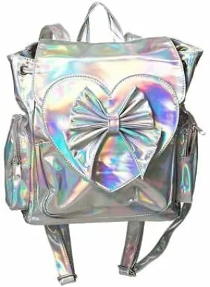 Lost Queen Nyla Iridescent Backpack Heart Bow Ladies Holographic Knapsack Casual Fashion Bag