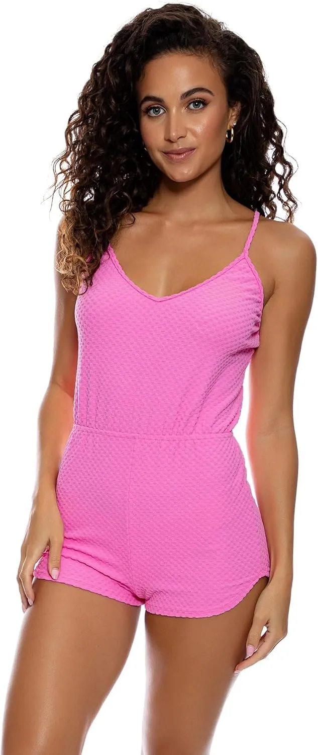 Luli Fama Beach Fuzz Spaghetti Strap Short Romper Bubblegum SM
