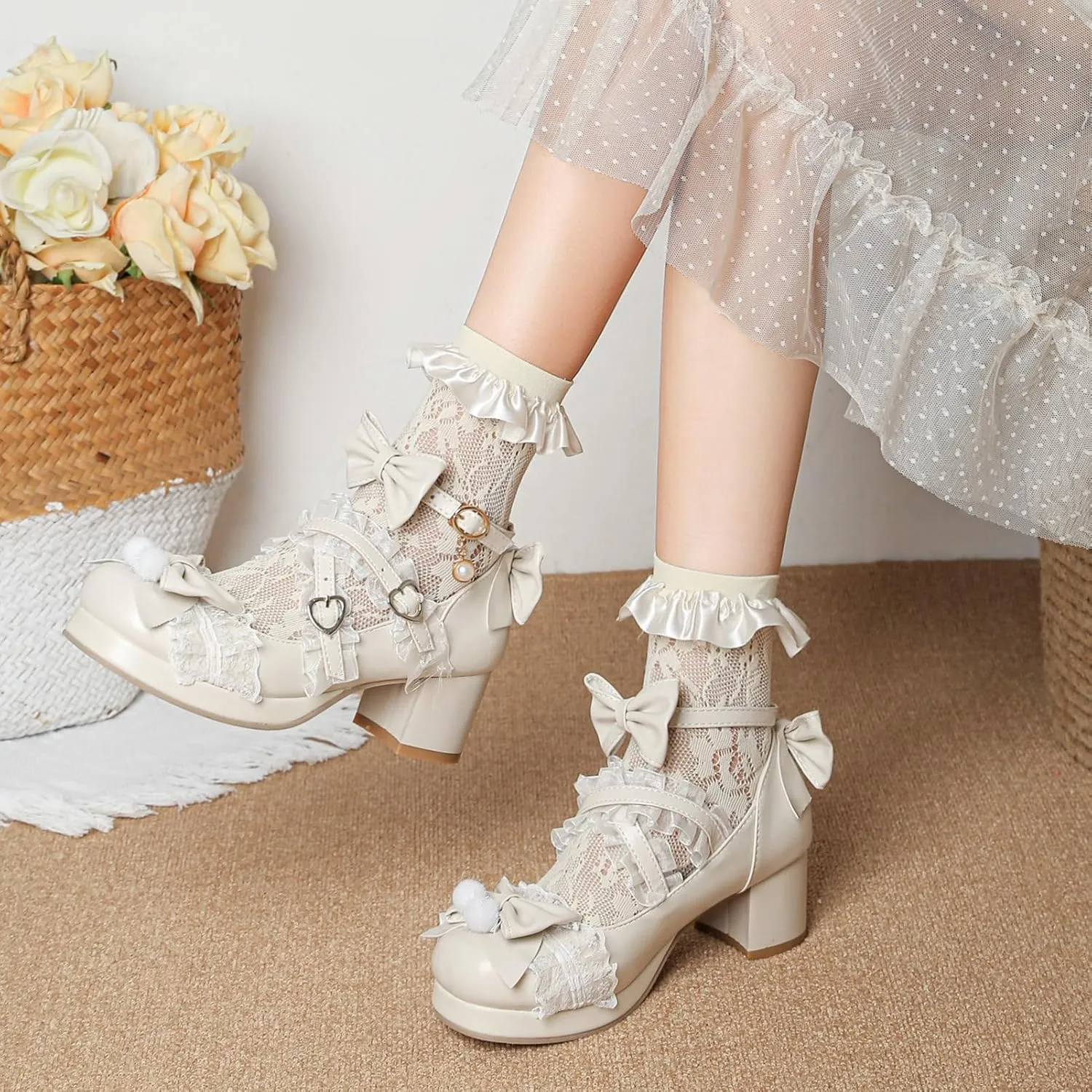 LUXMAX Women's Kawaii Shoes Cross Strap Pumps Cute Ankle Strap Mary Jane Shoes Wedding Lace Mid Chunky Heel Pumps