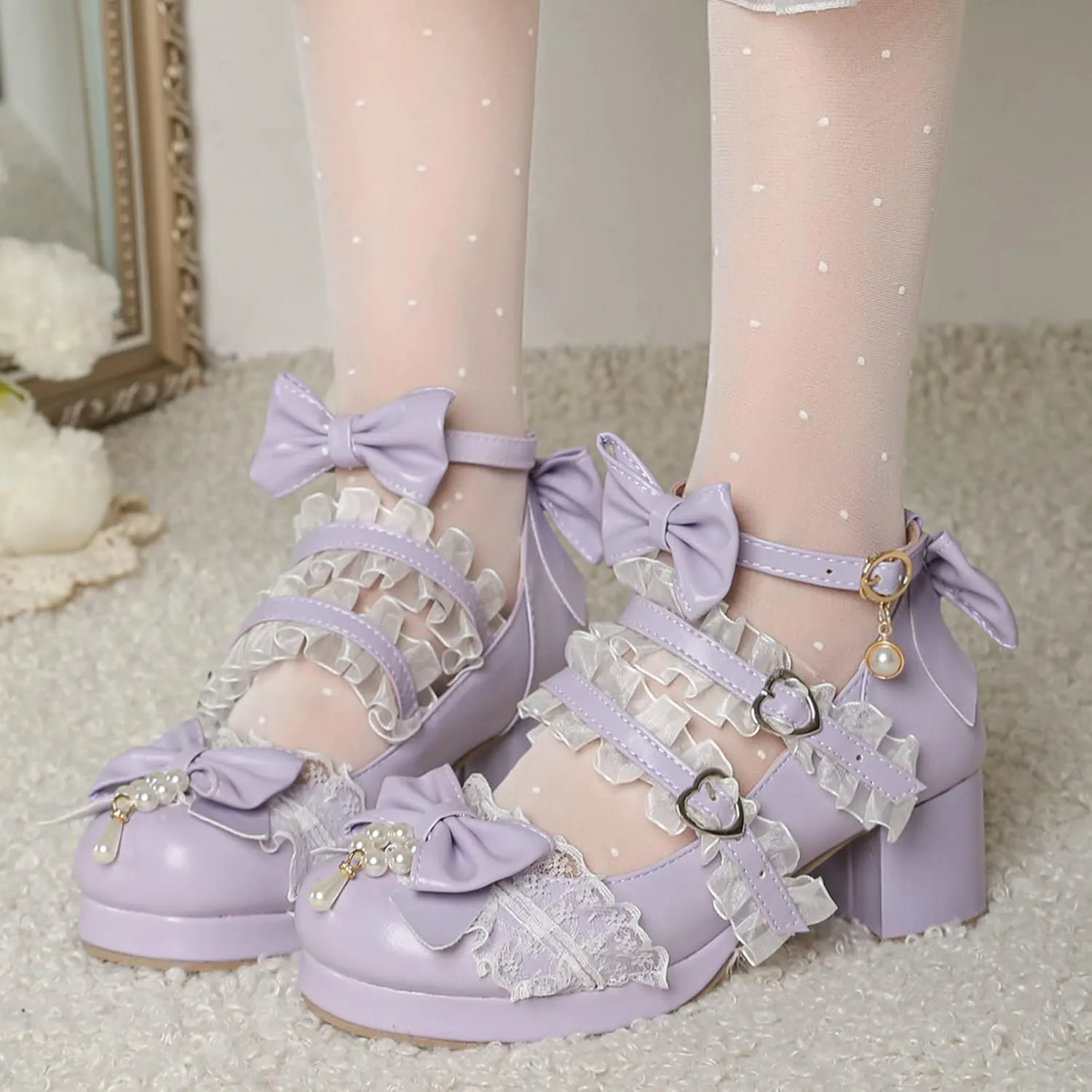 LUXMAX Women's Kawaii Shoes Cross Strap Pumps Cute Ankle Strap Mary Jane Shoes Wedding Lace Mid Chunky Heel Pumps
