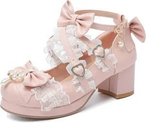 LUXMAX Women's Kawaii Shoes Cross Strap Pumps Cute Ankle Strap Mary Jane Shoes Wedding Lace Mid Chunky Heel Pumps