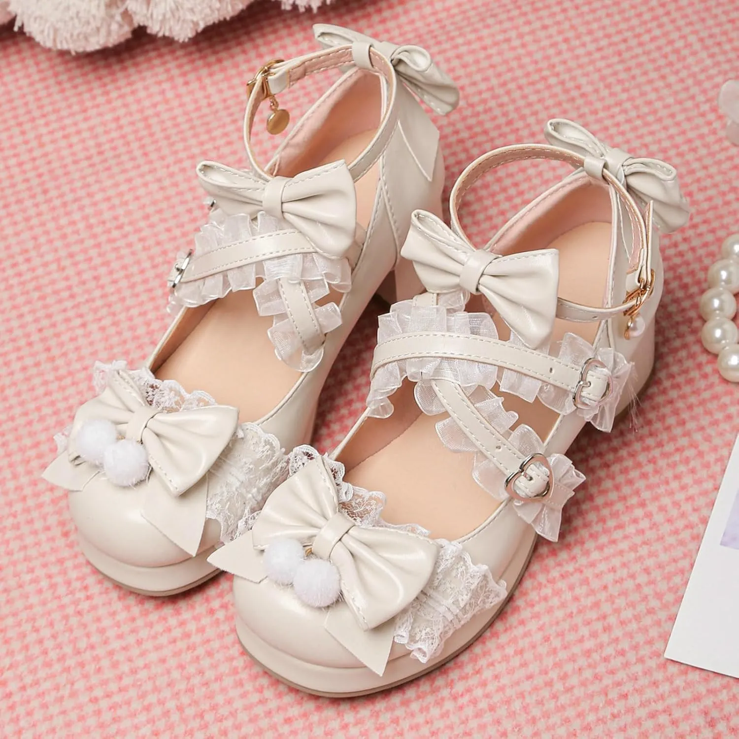 LUXMAX Women's Kawaii Shoes Cross Strap Pumps Cute Ankle Strap Mary Jane Shoes Wedding Lace Mid Chunky Heel Pumps