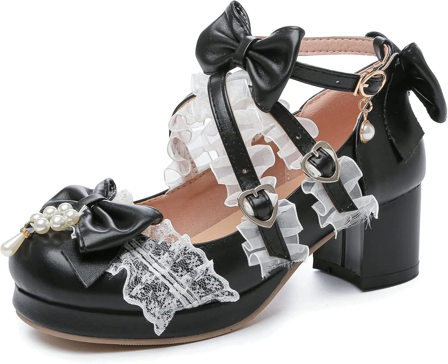 LUXMAX Women's Kawaii Shoes Cross Strap Pumps Cute Ankle Strap Mary Jane Shoes Wedding Lace Mid Chunky Heel Pumps