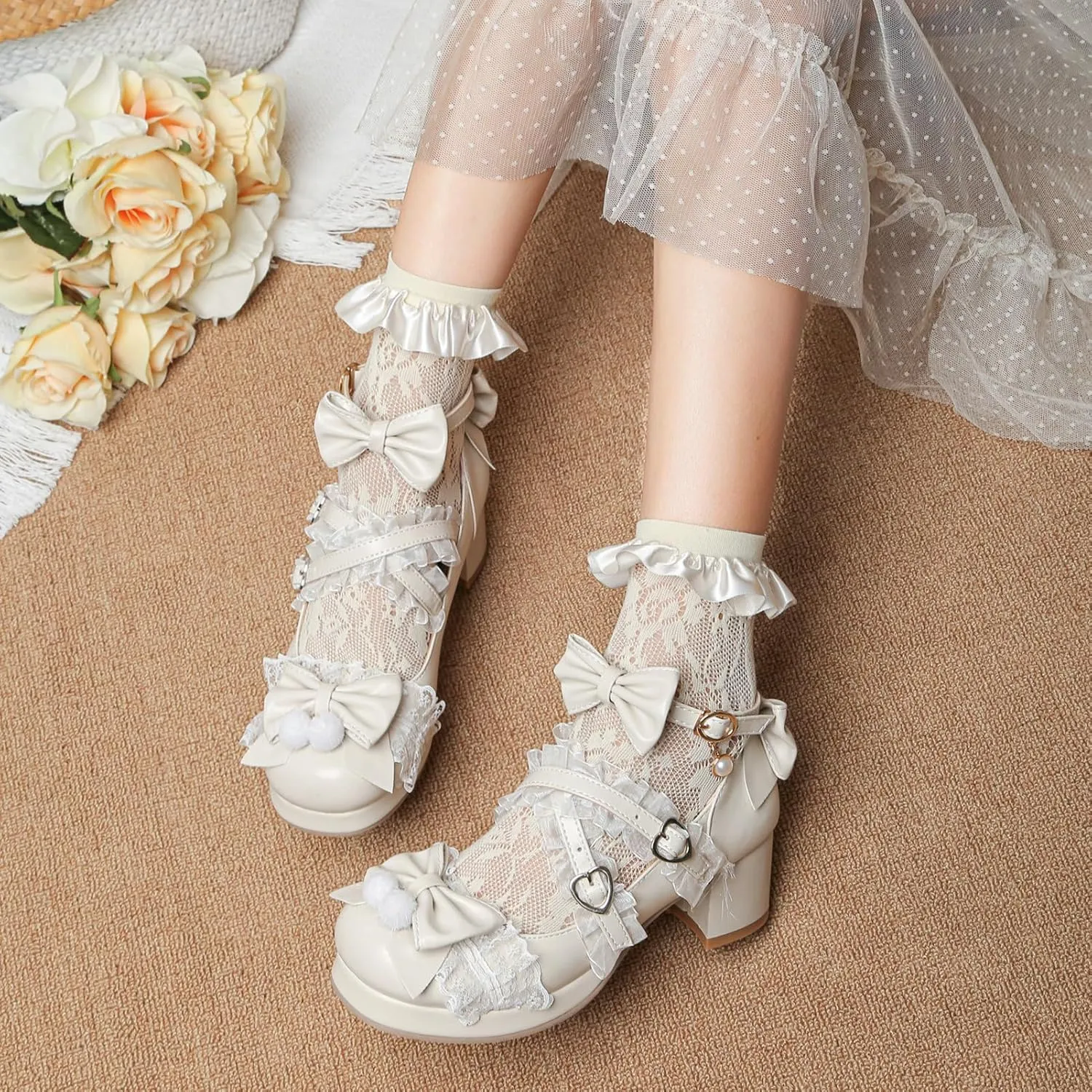 LUXMAX Women's Kawaii Shoes Cross Strap Pumps Cute Ankle Strap Mary Jane Shoes Wedding Lace Mid Chunky Heel Pumps