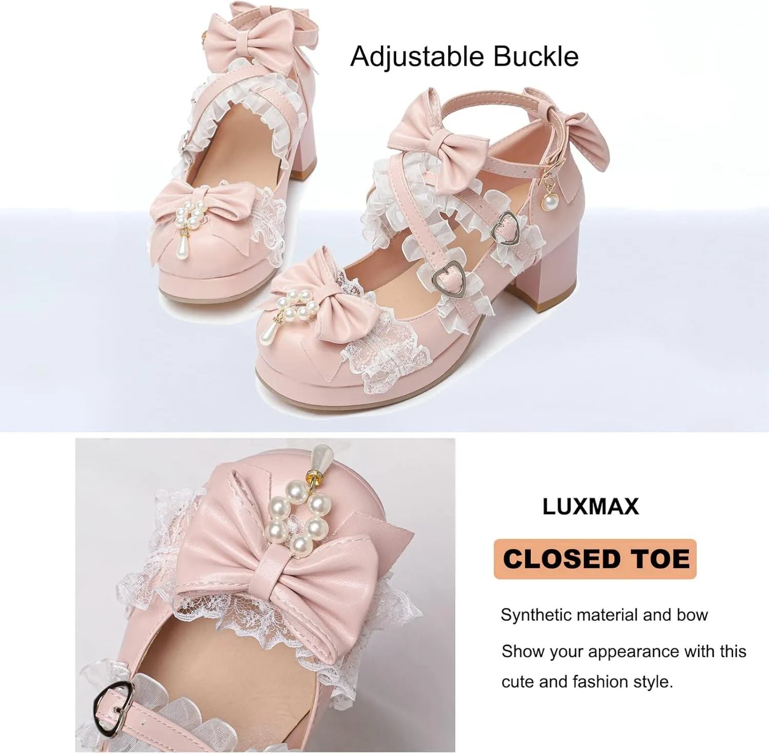 LUXMAX Women's Kawaii Shoes Cross Strap Pumps Cute Ankle Strap Mary Jane Shoes Wedding Lace Mid Chunky Heel Pumps
