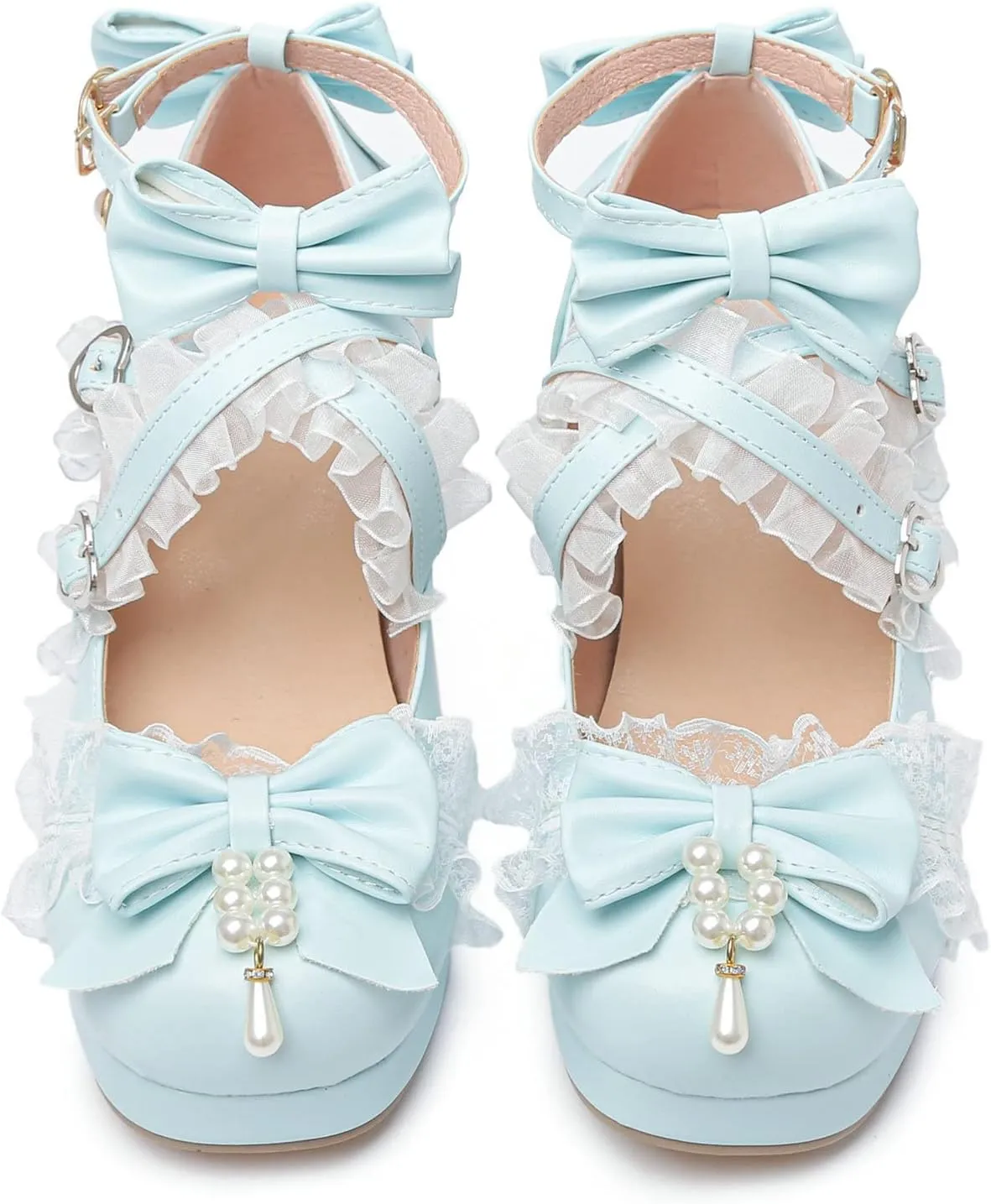 LUXMAX Women's Kawaii Shoes Cross Strap Pumps Cute Ankle Strap Mary Jane Shoes Wedding Lace Mid Chunky Heel Pumps