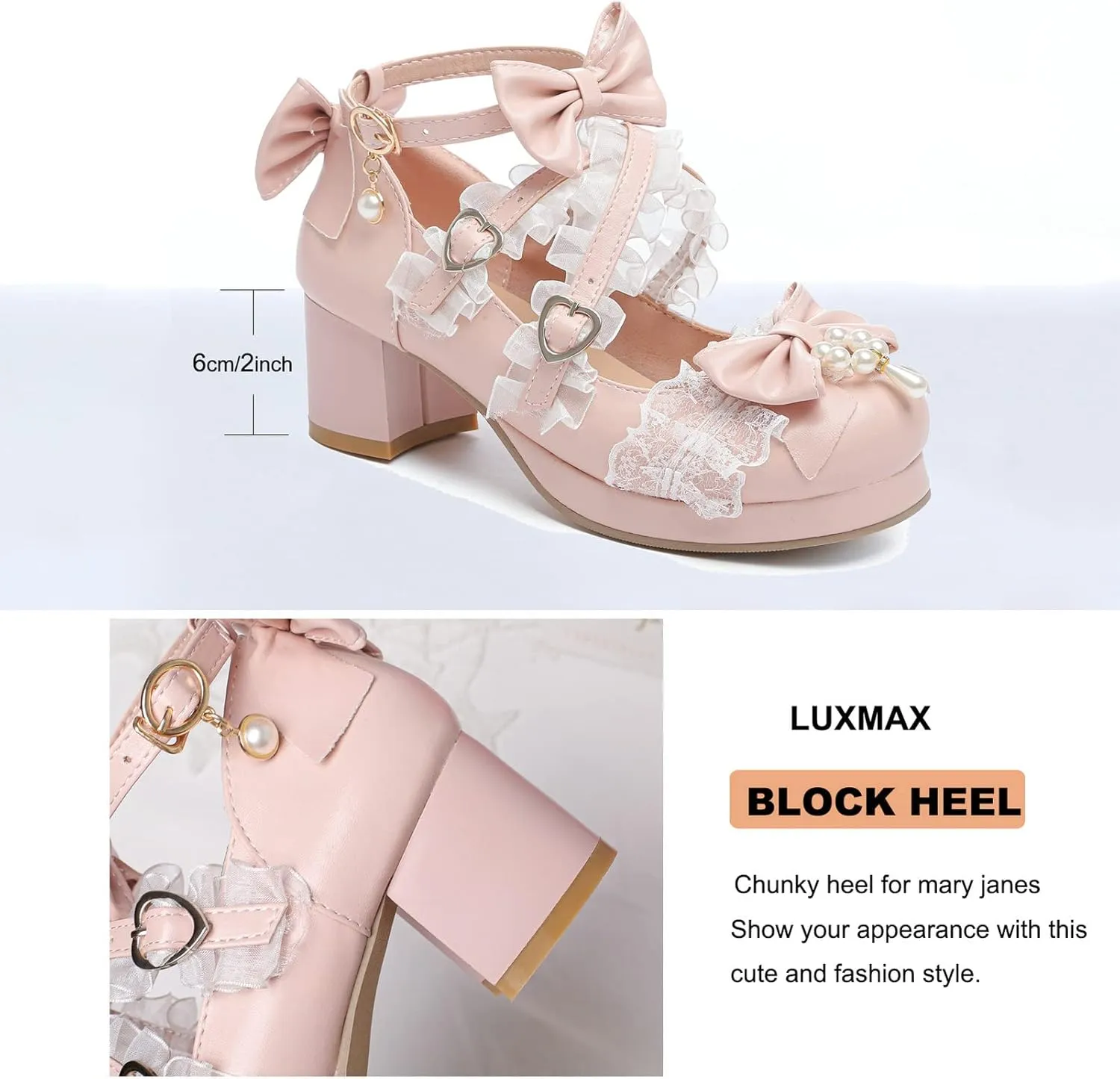 LUXMAX Women's Kawaii Shoes Cross Strap Pumps Cute Ankle Strap Mary Jane Shoes Wedding Lace Mid Chunky Heel Pumps