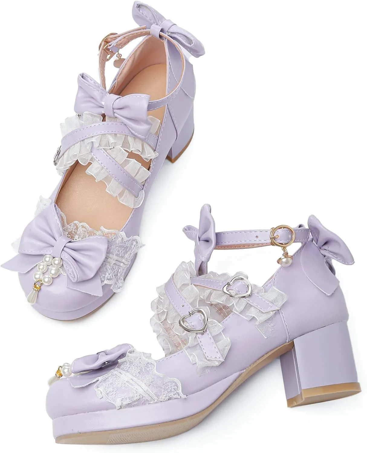 LUXMAX Women's Kawaii Shoes Cross Strap Pumps Cute Ankle Strap Mary Jane Shoes Wedding Lace Mid Chunky Heel Pumps