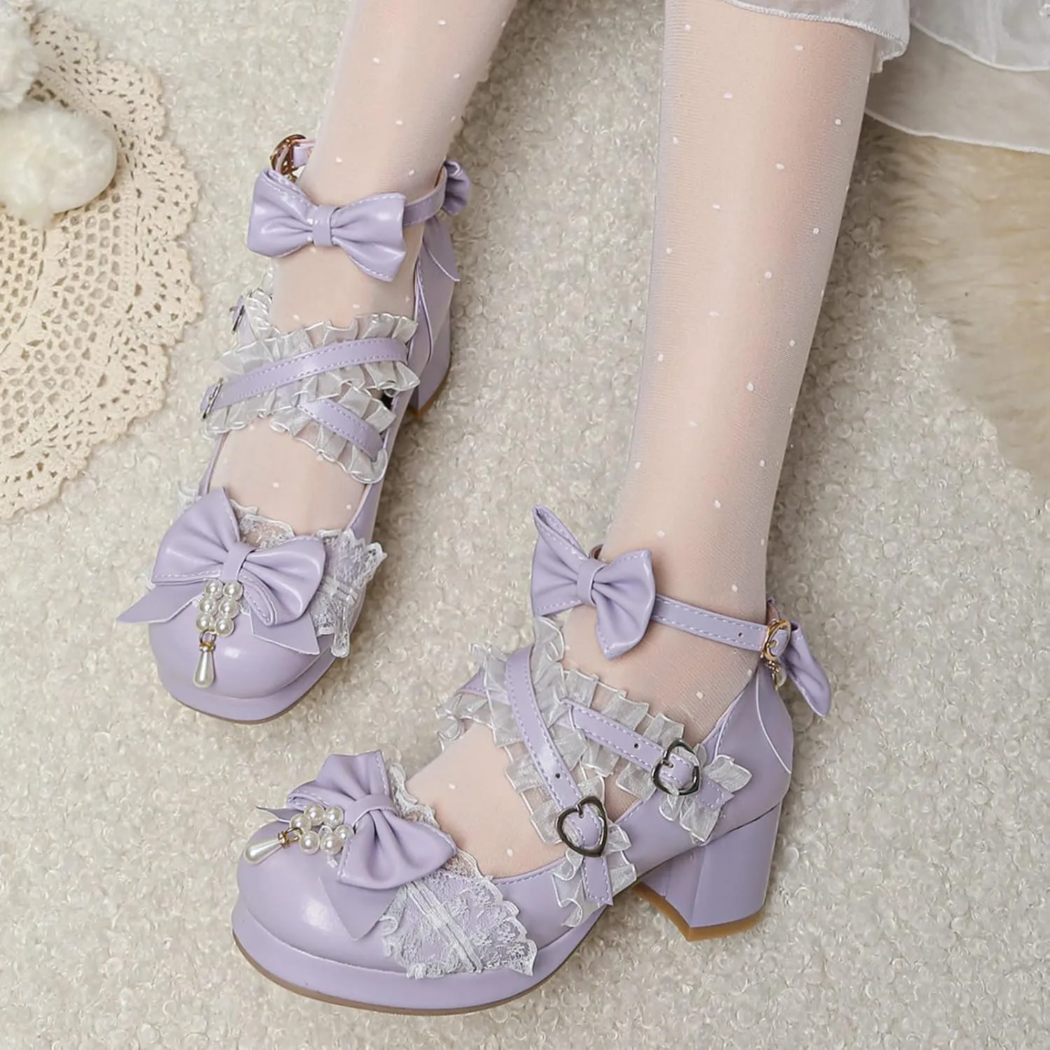 LUXMAX Women's Kawaii Shoes Cross Strap Pumps Cute Ankle Strap Mary Jane Shoes Wedding Lace Mid Chunky Heel Pumps