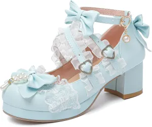 LUXMAX Women's Kawaii Shoes Cross Strap Pumps Cute Ankle Strap Mary Jane Shoes Wedding Lace Mid Chunky Heel Pumps