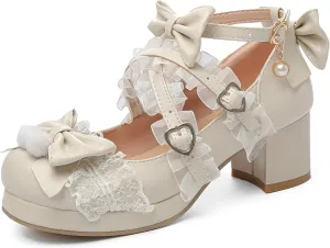LUXMAX Women's Kawaii Shoes Cross Strap Pumps Cute Ankle Strap Mary Jane Shoes Wedding Lace Mid Chunky Heel Pumps