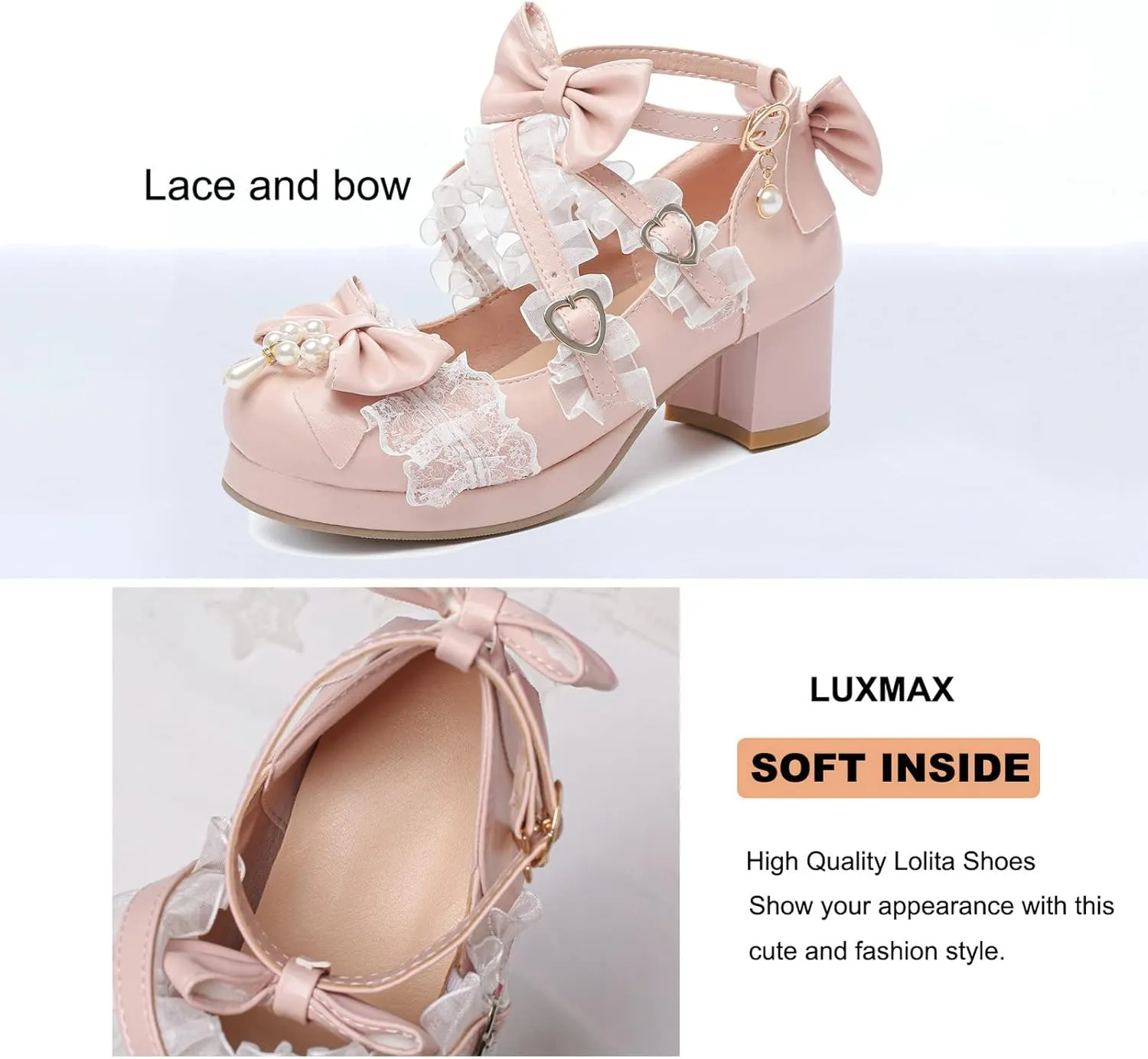 LUXMAX Women's Kawaii Shoes Cross Strap Pumps Cute Ankle Strap Mary Jane Shoes Wedding Lace Mid Chunky Heel Pumps